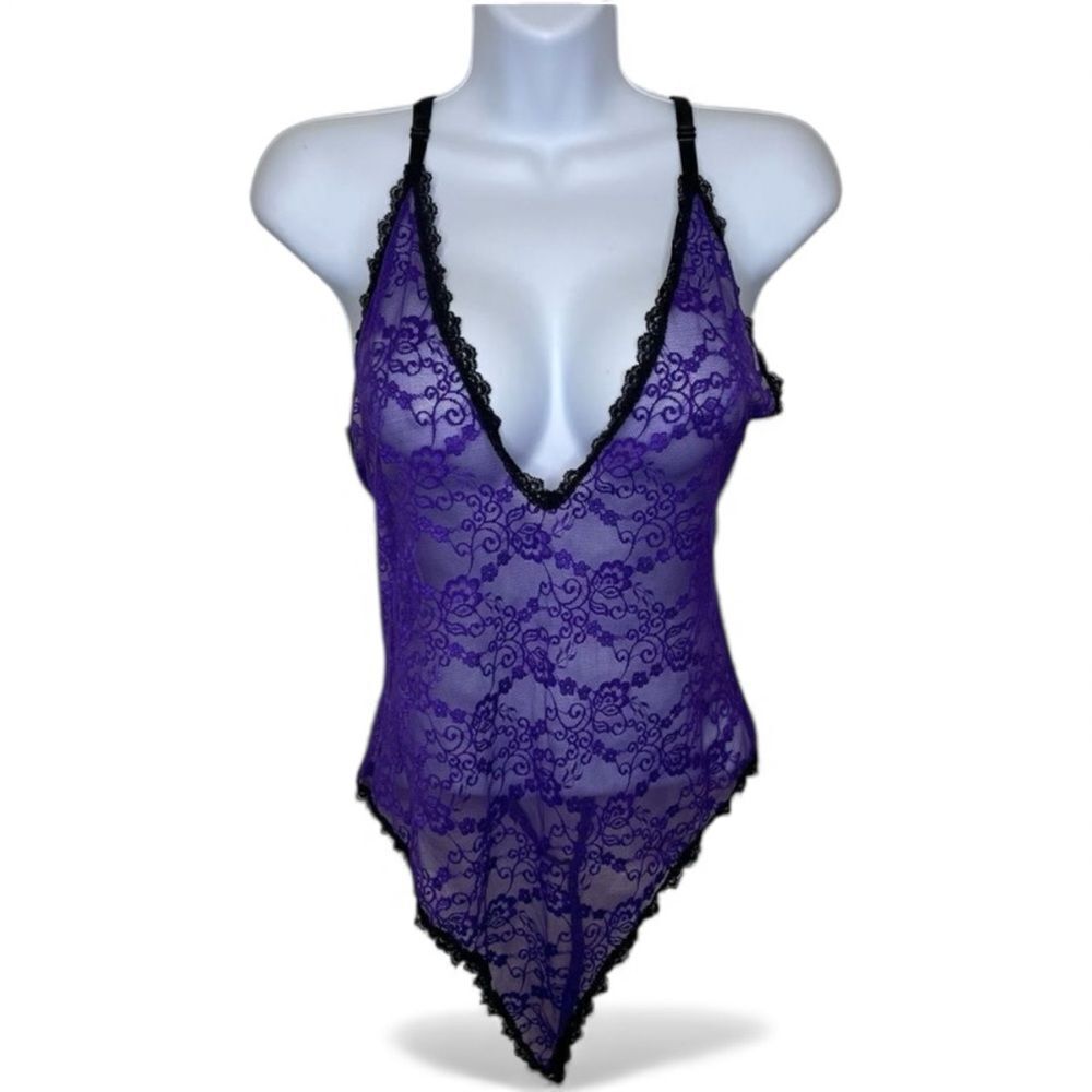 Yandy One Piece Lace Sheer Teddy Lingerie Purple With Black Lining Size 1X